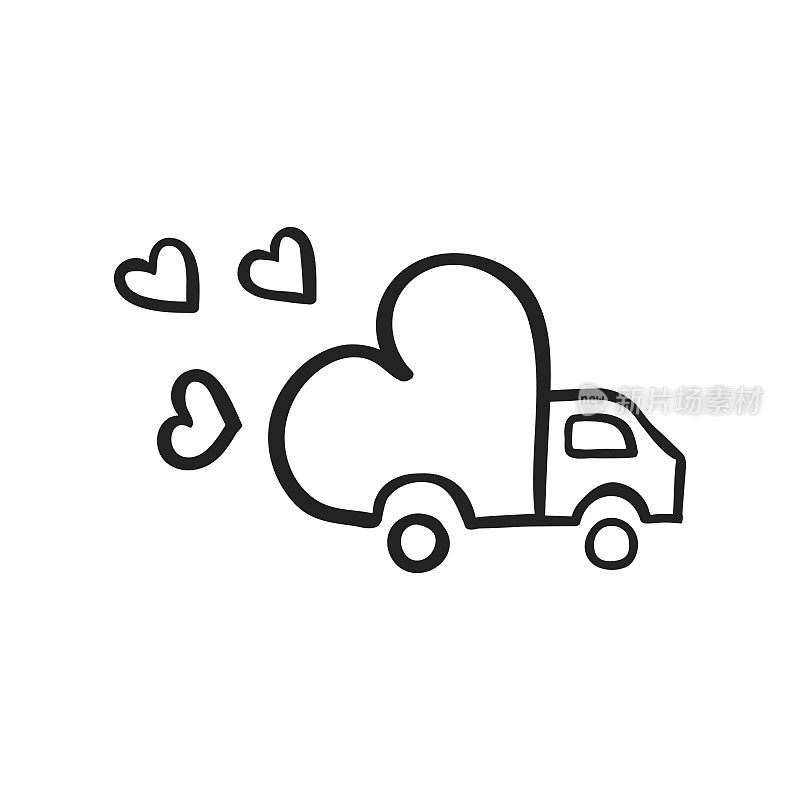 Vector hand drawn icon of delivery truck with love